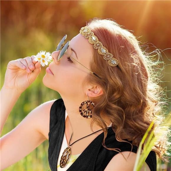 6 Pcs 60s 70s Outfits for Women Hippie Costume Set Peace Sign Earring Headband - Picture 5 of 7
